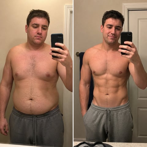 Before and after transformation photos showing a shirtless mans body comparison in a bathroom mirror