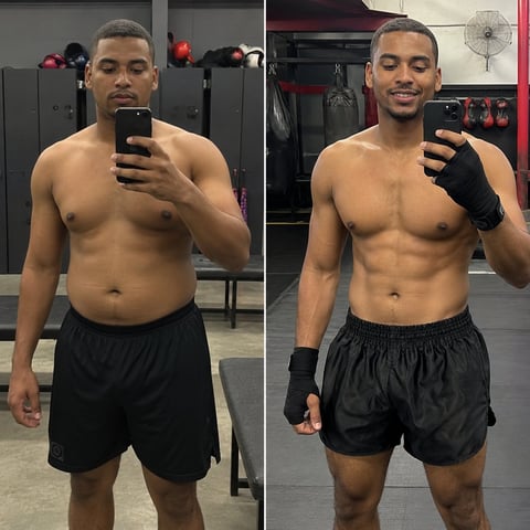 Before and after fitness transformation showing shirtless man in gym, displaying increased muscle definition and reduced body fat