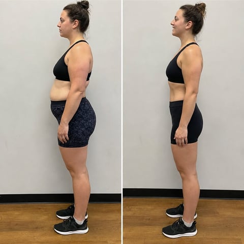 Before and after side-by-side comparison of a woman showing body transformation with improved posture and muscle definition