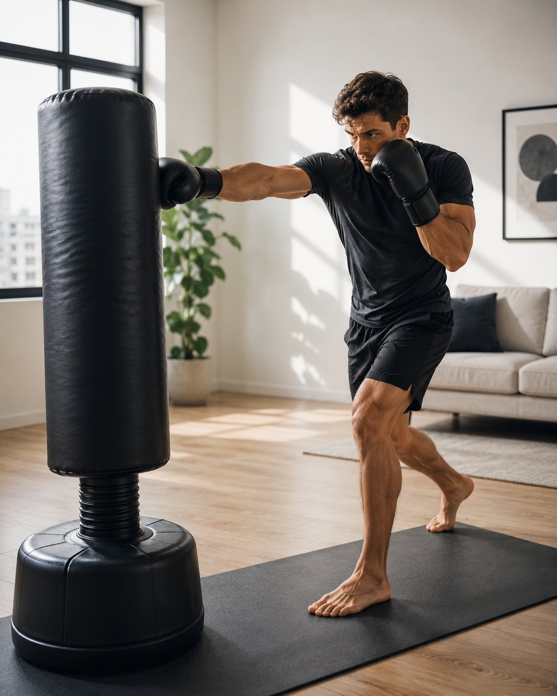 Man in black boxing gloves punching a heavy bag in a modern living room with hardwood floors